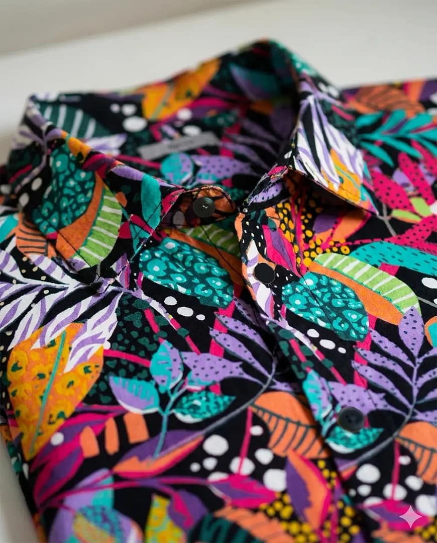 Vibrant Tu Man 100% Viscose Shirt 2 Tu Man 100% viscose shirt closeup fold on Preloved Make I Shop website.