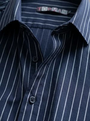 Navy Striped Topman Men’s Shirt closeup fold on Preloved Make I Shop