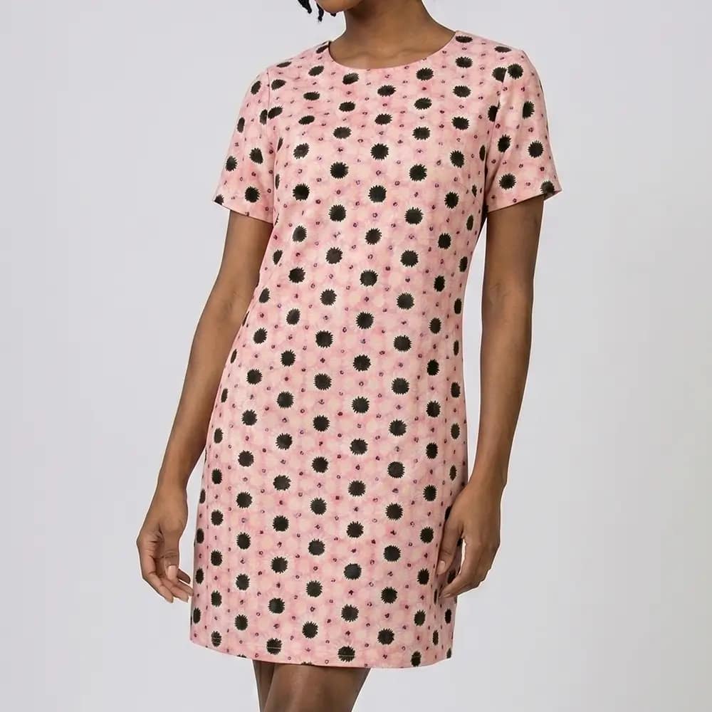 Incredible Papaya Shift Dress 4 Pink Patterned Papaya Shift Dress Closeup Front View on Preloved Make I Shop website.