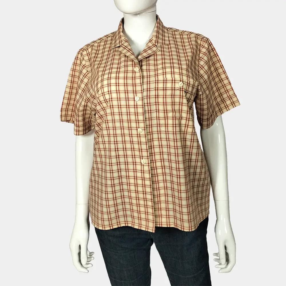 Comfy Checkered Shirt 2 Short sleeve yellow and brown checkered shirt front view