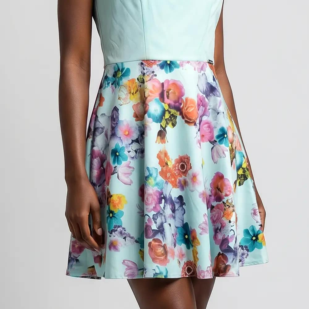 Beautiful An-Mar Skater Dress 7 Turquoise An-Mar Skater Dress Closeup Skirt View on Preloved Make I Shop website.