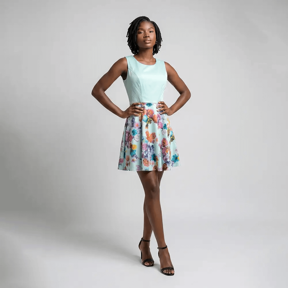 Beautiful An-Mar Skater Dress 10 Turquoise An-Mar Skater Dress Pose View on Preloved Make I Shop website.