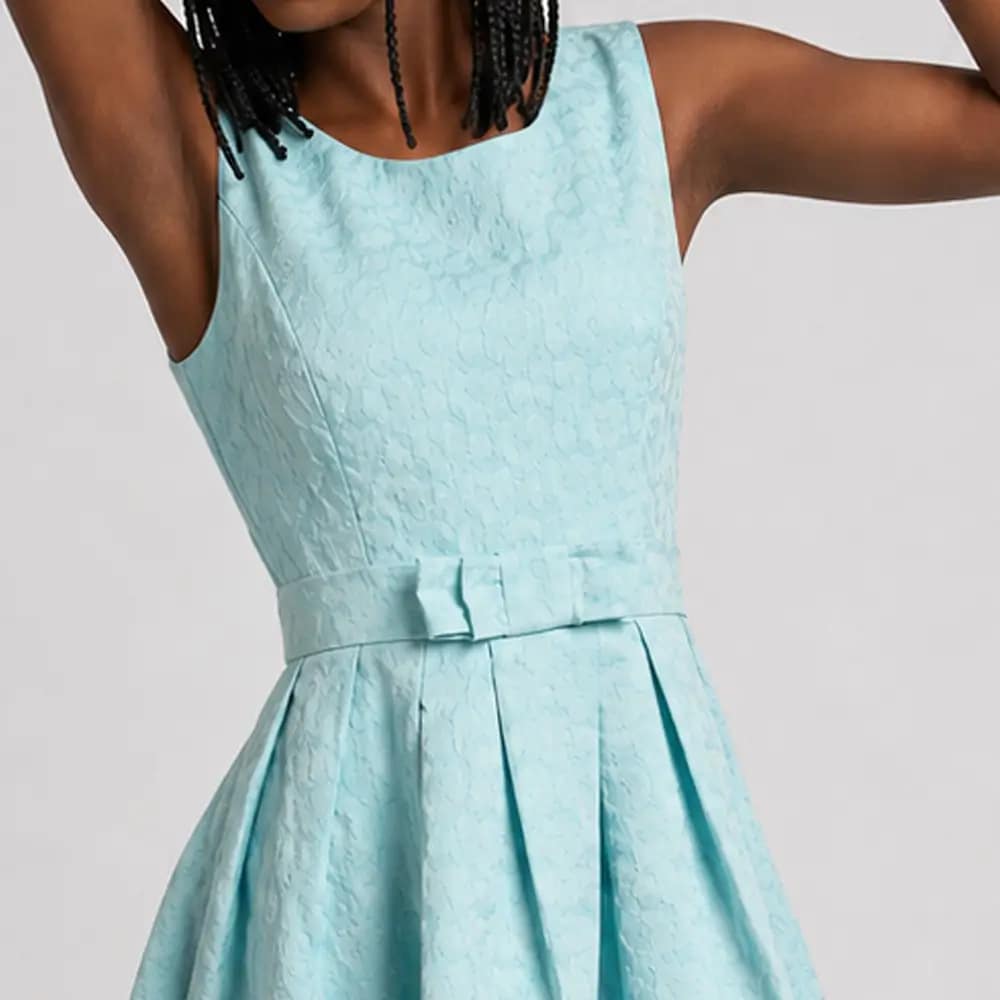 Gorgeous Forti Skater Dress 4 Turquoise Forti Skater Dress Closeup Top View on Preloved Make I Shop website.