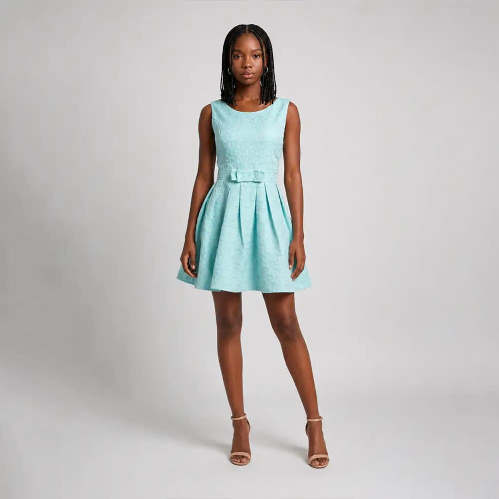 Gorgeous Forti Skater Dress 2 Turquoise Forti Skater Dress Front View on Preloved Make I Shop website.