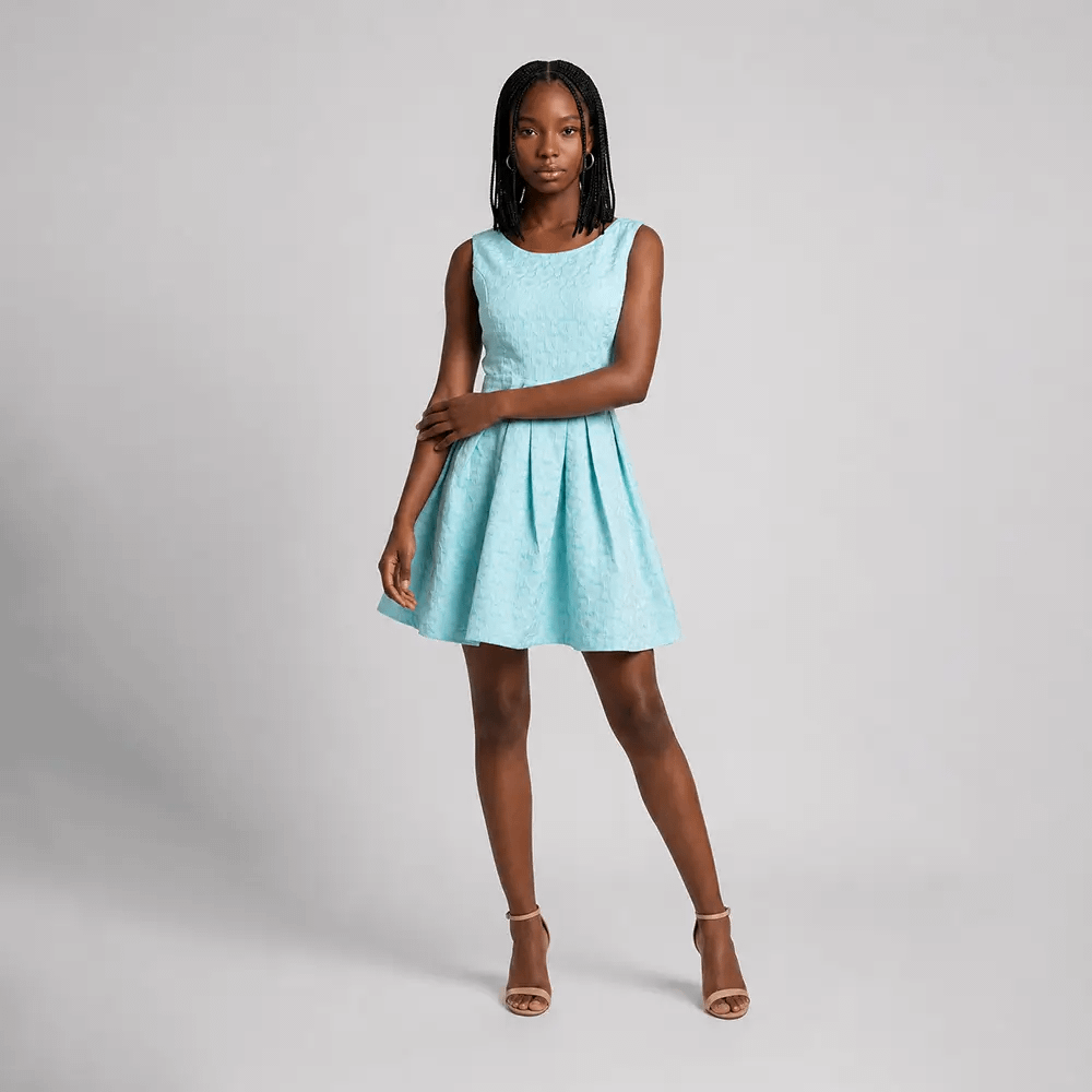 Gorgeous Forti Skater Dress 1 Turquoise Forti Skater Dress Pose View on Preloved Make I Shop website.