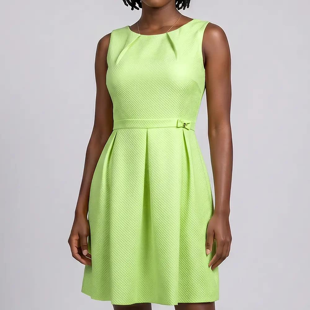 Charming Ant'all Box Pleated Dress 8 Lemon Green Ant'all Box Pleated Dress Closeup Front View on Preloved Make I Shop website.
