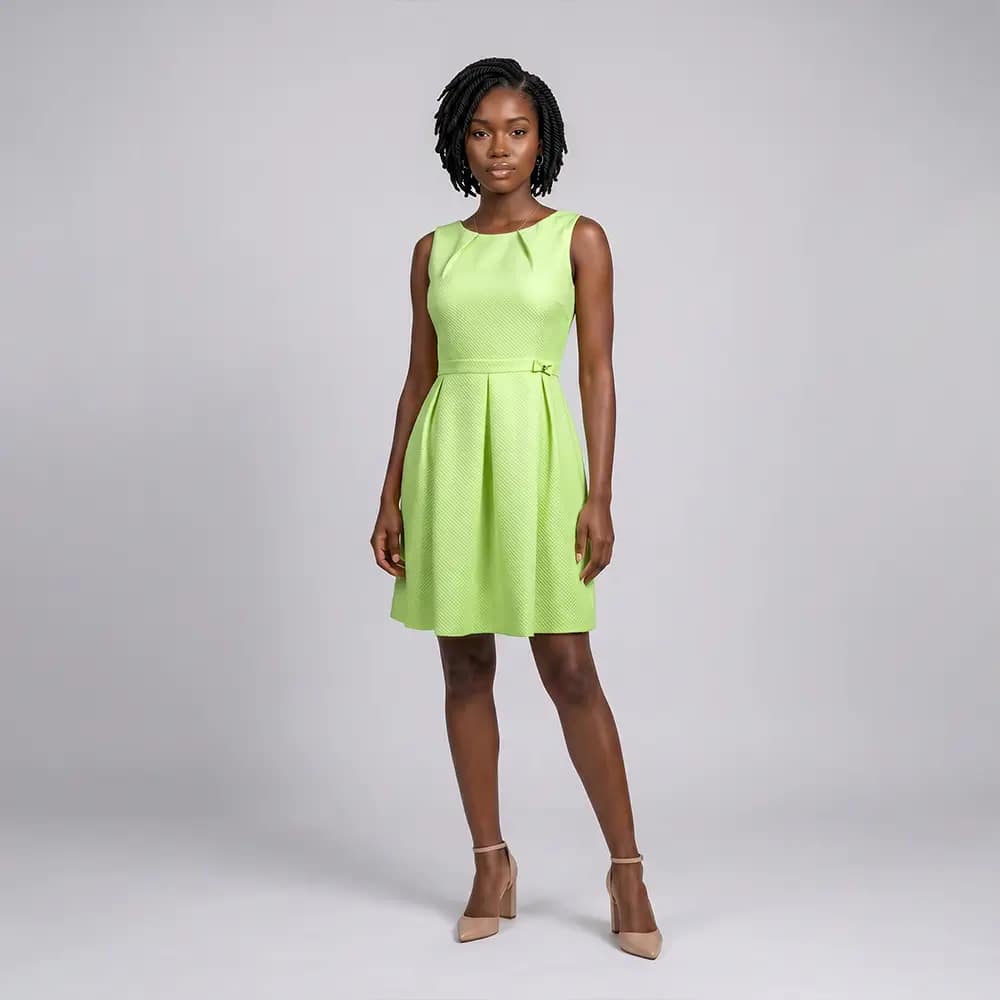 Charming Ant'all Box Pleated Dress 2 Lemon Green Ant'all Box Pleated Dress Front View on Preloved Make I Shop website.