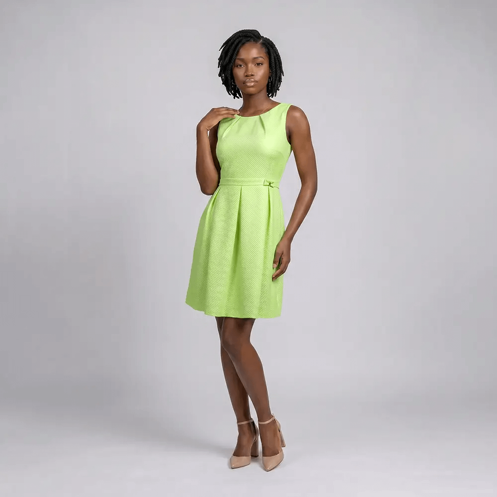 Charming Ant'all Box Pleated Dress 1 Lemon Green Ant'all Box Pleated Dress Pose View on Preloved Make I Shop website.