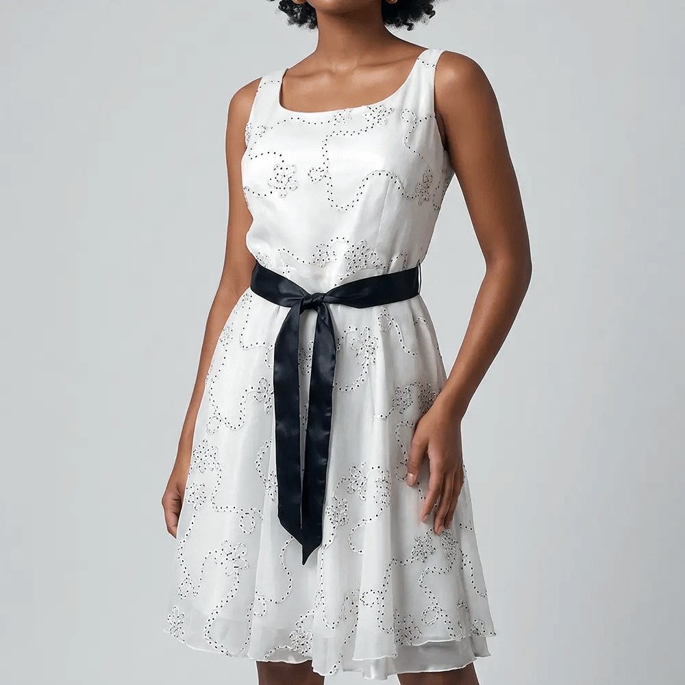Gorgeous Marlena A-Line Dress 9 White and Black Marlena A-Line Dress Closeup Front View on Preloved Make I Shop