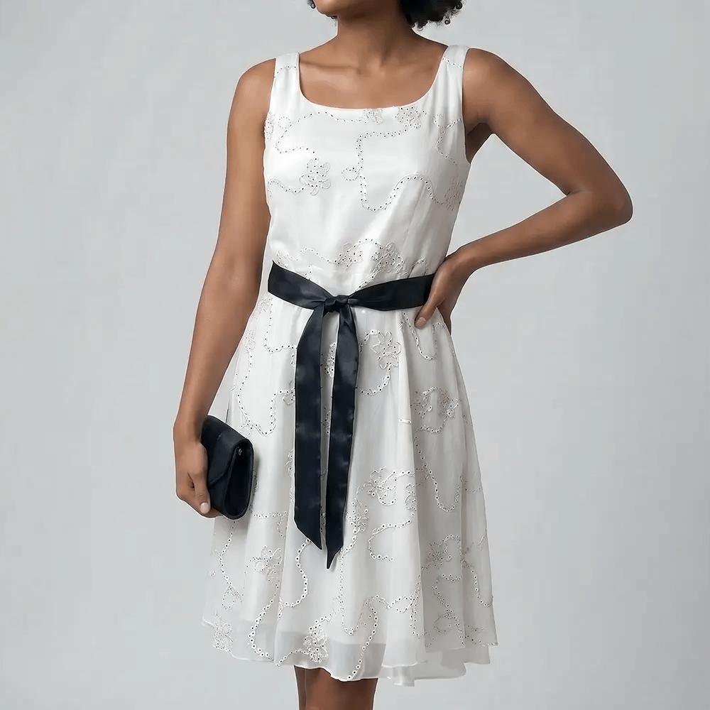 Gorgeous Marlena A-Line Dress 7 White and Black Marlena A-Line Dress Closeup Pose View on Preloved Make I Shop