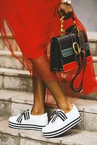 red dress, white trainers and black bag Preloved Make I Shop