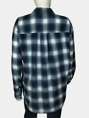 Back front view of a classy H&M L.O.G.G blue, white & grey coloured cotton long sleeved plaid shirt.