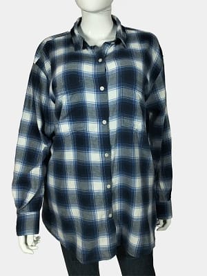 Front view of a classy H&M L.O.G.G blue, white & grey coloured cotton long sleeved plaid shirt.