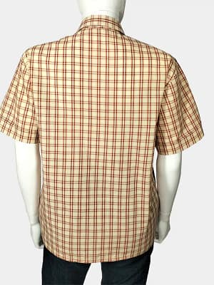 Short sleeve yellow and brown checkered shirt back view