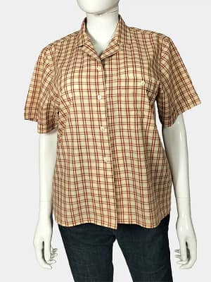 Short sleeve yellow and brown checkered shirt front view