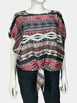 Ikat geometric pattern tie-string top front view
