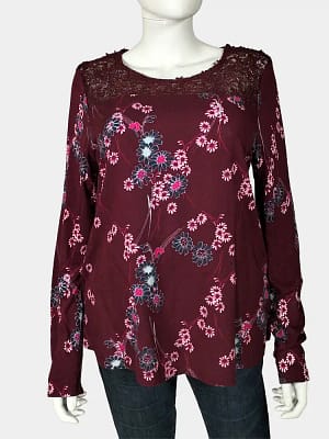 Accessibility 5 Floral maroon lacy yoke top close front view