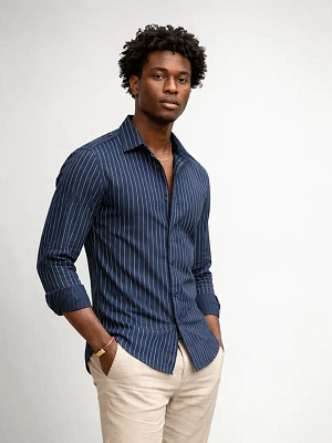 Navy Striped Topman Men’s Shirt side view on Preloved Make I Shop