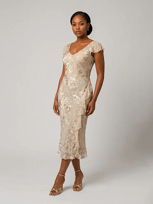 Pale Gold Monsoon Midi Dress Front View on Preloved Make I Shop website.