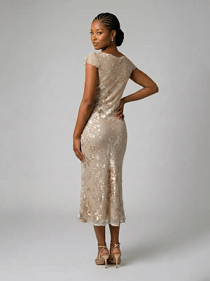 Pale Gold Monsoon Midi Dress Quarter Back View on Preloved Make I Shop website.